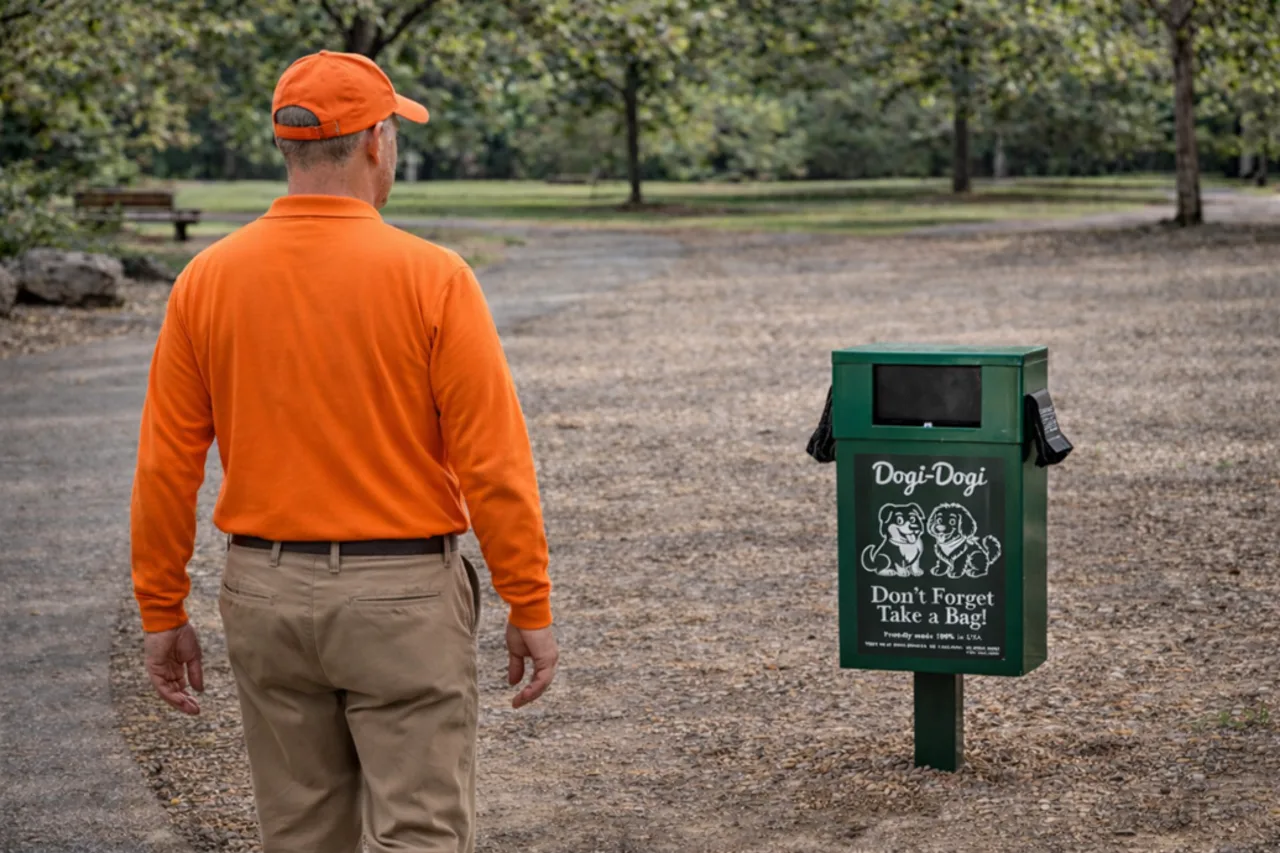 Worker approaching a Dogi-Dogi pet waste station in an outdoor park setting